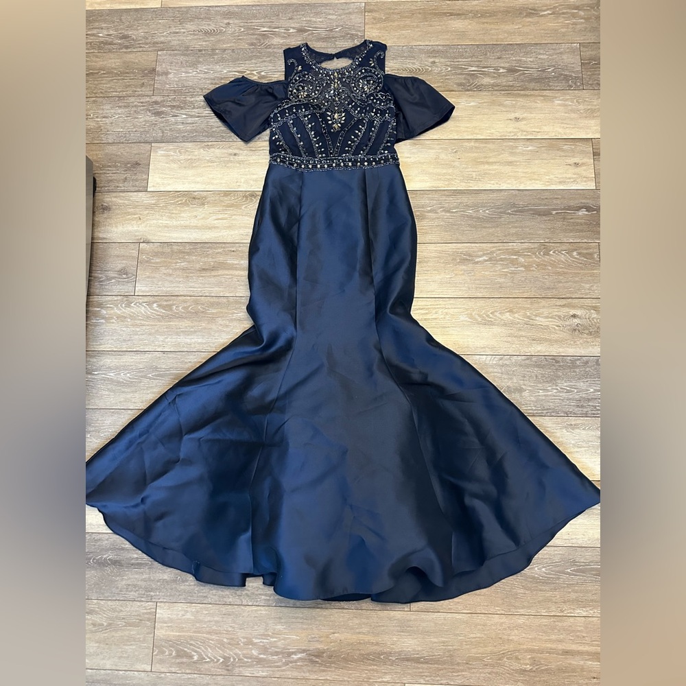 XSCAPE Embellished Mermaid Navy Blue Dress